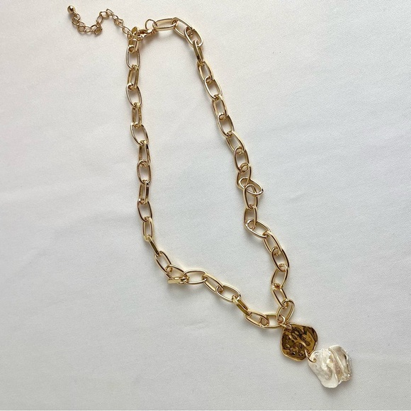 SHOPLC Jewelry - Elegant White Keshi Pearl Adjustable  Necklace 20-22” Goldtone Paperclip Chain